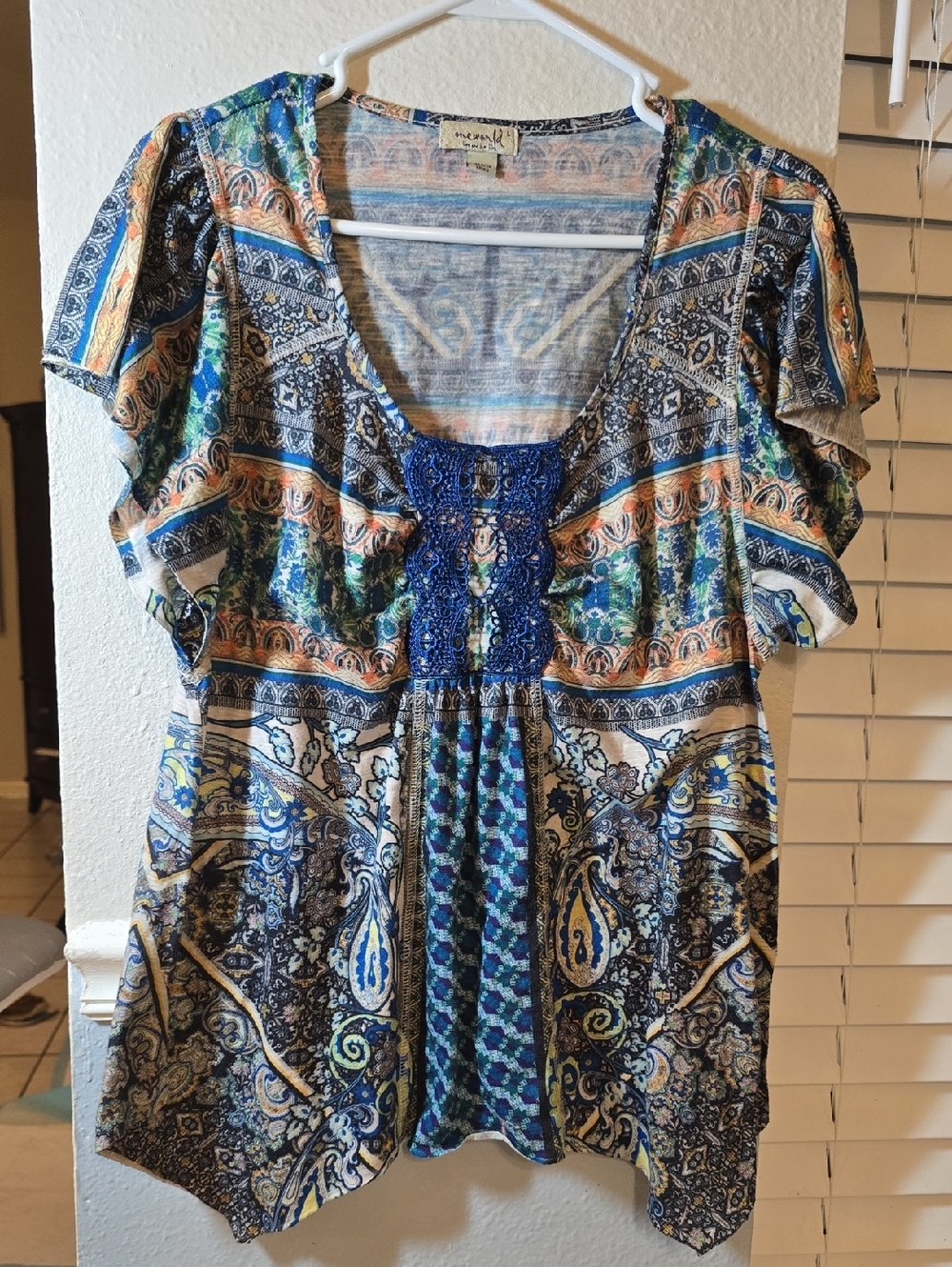 ONE WORLD Paisley-Print Crochet Yoke Tunic in Blue & Cream